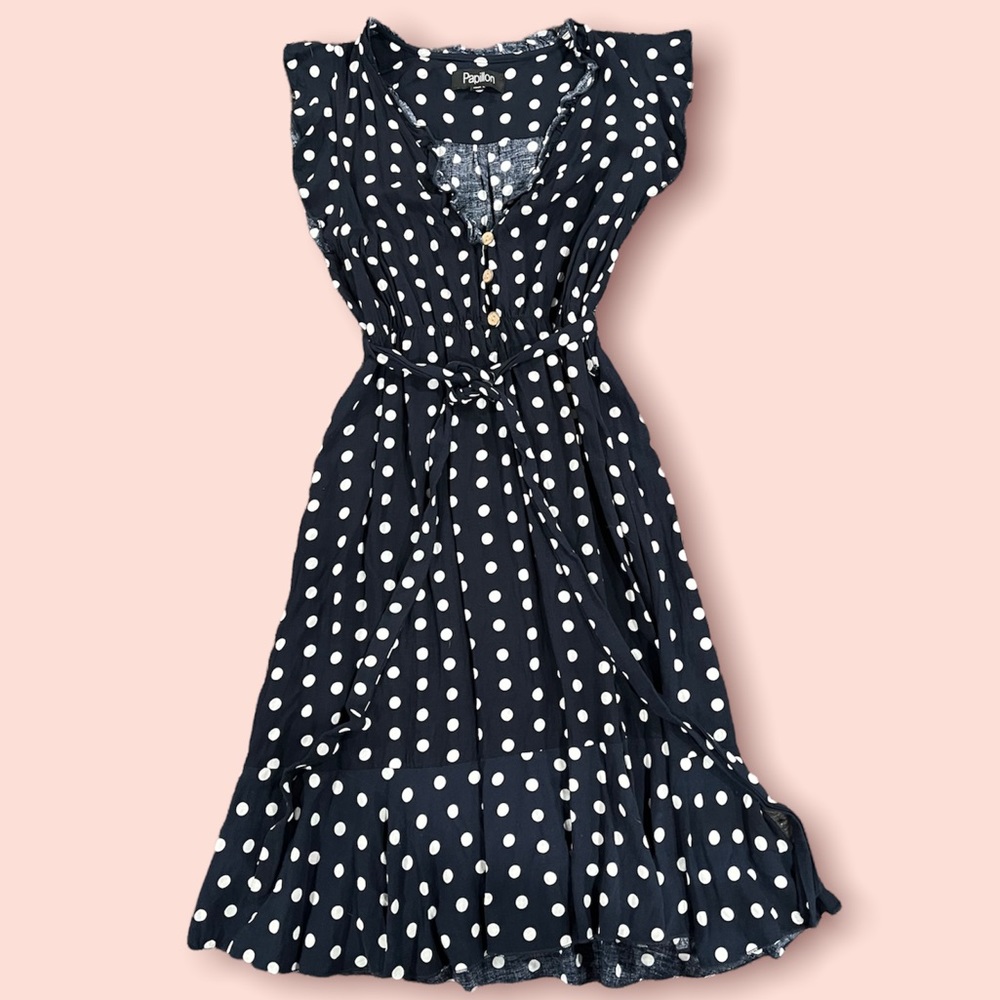 Papillon Dress Ruffle Bottom Sleeveless A-Line Polkadot Size S